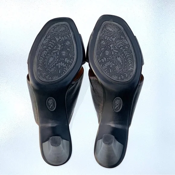 Söfft Black Leather Open Toe Wide Band Tapered Chunky Heel Sandals Women’s 10 - Picture 7 of 10
